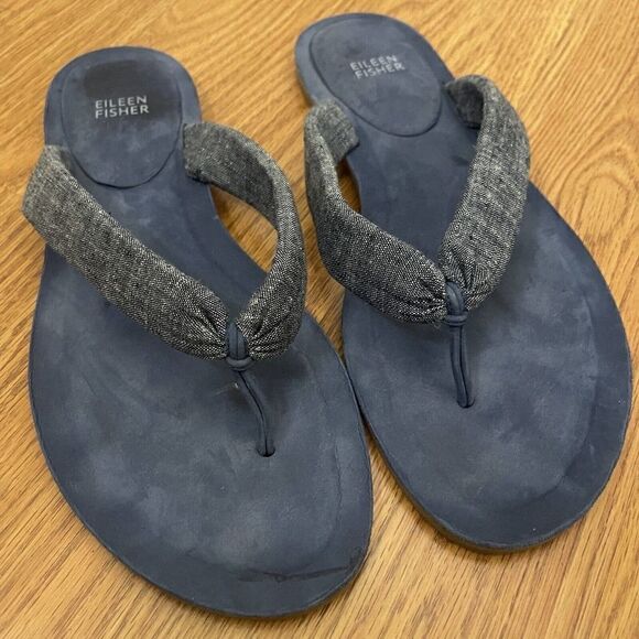 EILEEN FISHER blue denim linen thong flip flop flat sandals size US 10 - Picture 3 of 5